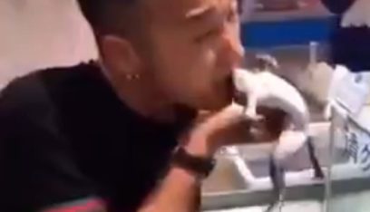 رجل يتناول ضفادع حية في إحدى الأسواق الصينية (فيديو)