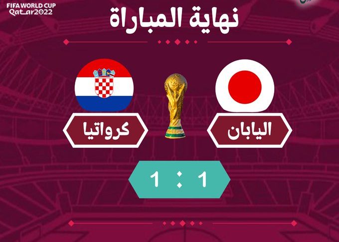 انتهاء مباراة كرواتيا واليابان بوقتها الأصلي بالتعادل 1-1 ودخول المباراة إلى شوطين إضافيين للمرة الأولى في مونديال قطر 2022