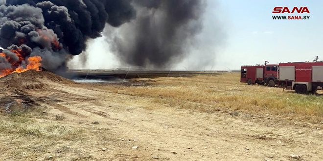 اندلاع حريق في خط لنقل النفط الخام شرق منطقة الفرقلس بريف حمص الشرقي