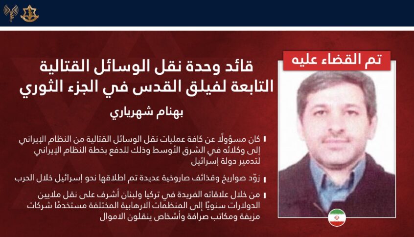 الجيش الإسرائيلي: القضاء على قائد وحدة نقل الوسائط القتالية التابعة لفيلق القدس الإيراني